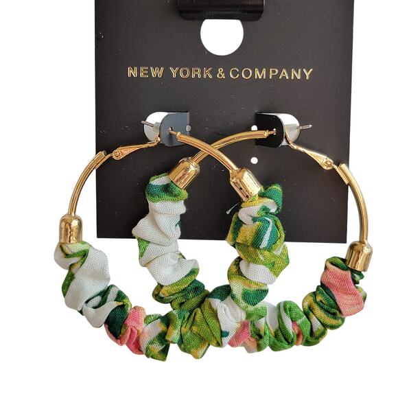 Gold Hoop Earrings Fabric Scrunch Detail 2.25" Green Pink With Gift Bag Trendy - Picture 2 of 8